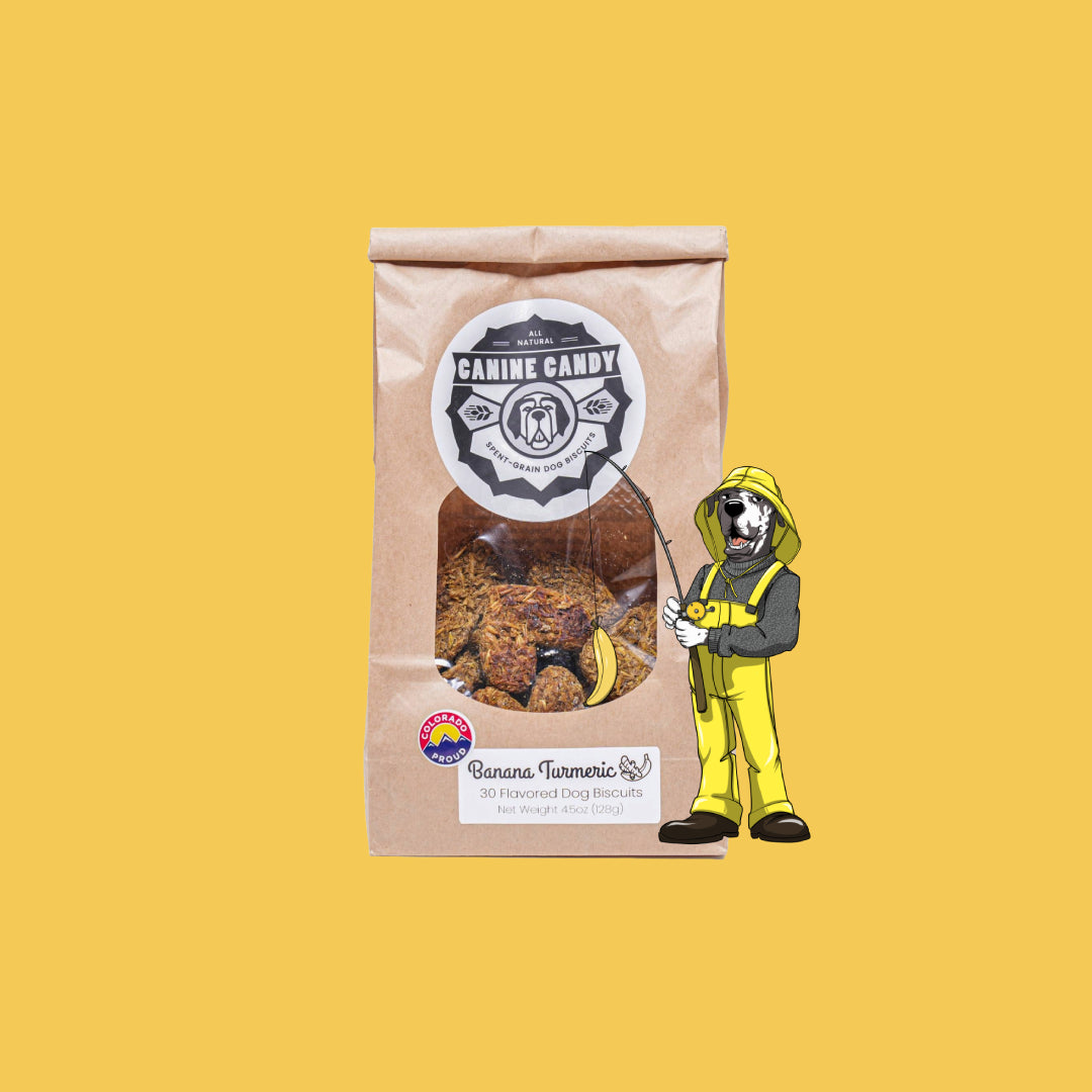 Crunchy banana and turmeric dog biscuit for joint support and inflammation relief.