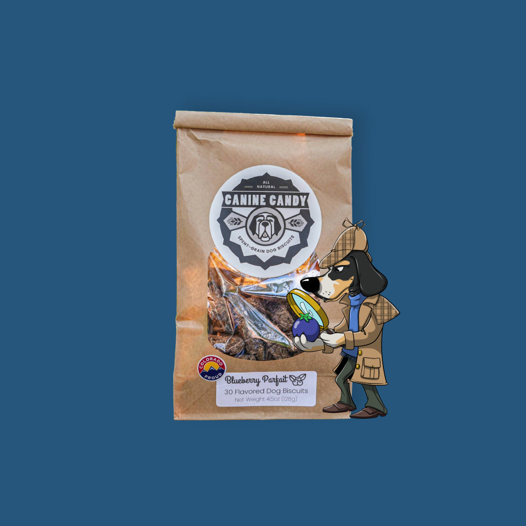Crunchy blueberry and barley dog biscuit with Greek yogurt for sensitive stomachs made in Loveland Colorado.