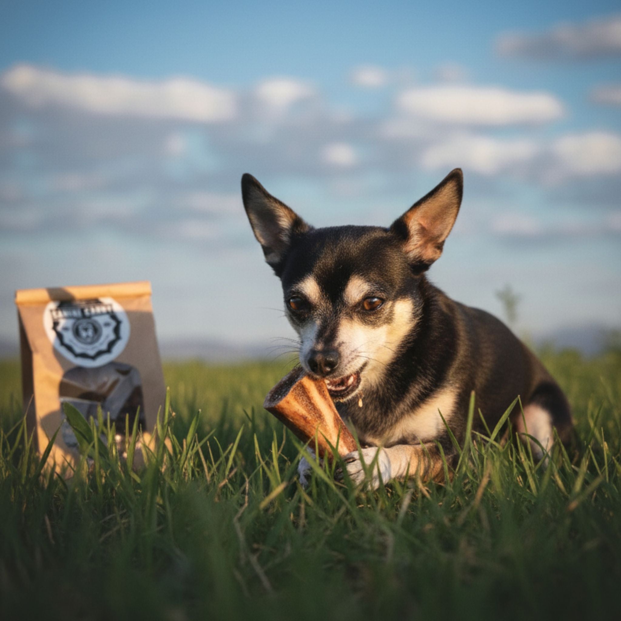 Dog licking marrow out of a bison bone.