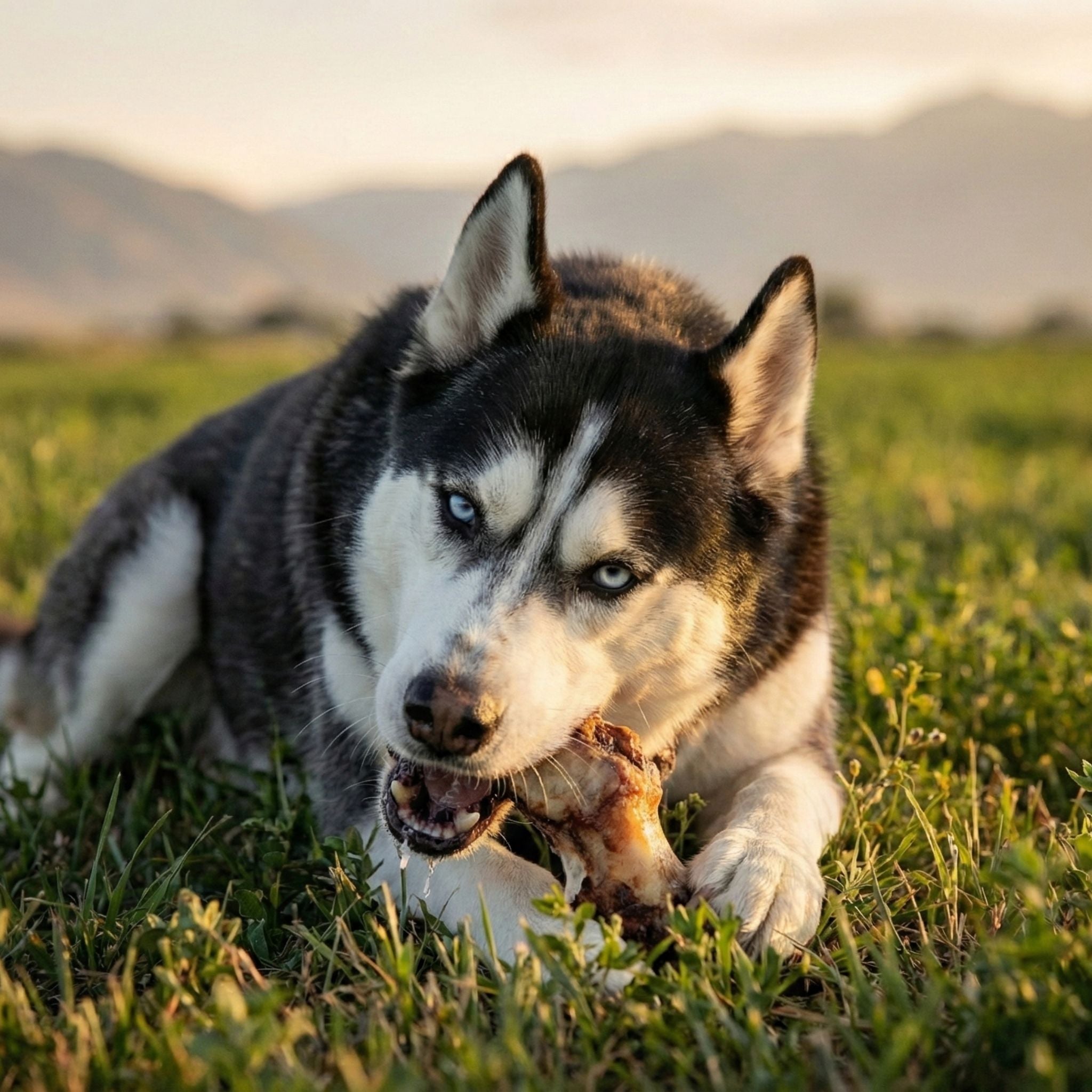 Large dog chewing on a long-lasting bison bone.